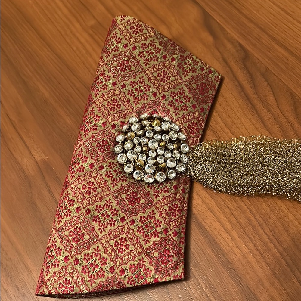 Elegant Red and Gold Clutch with Rhinestone Accent